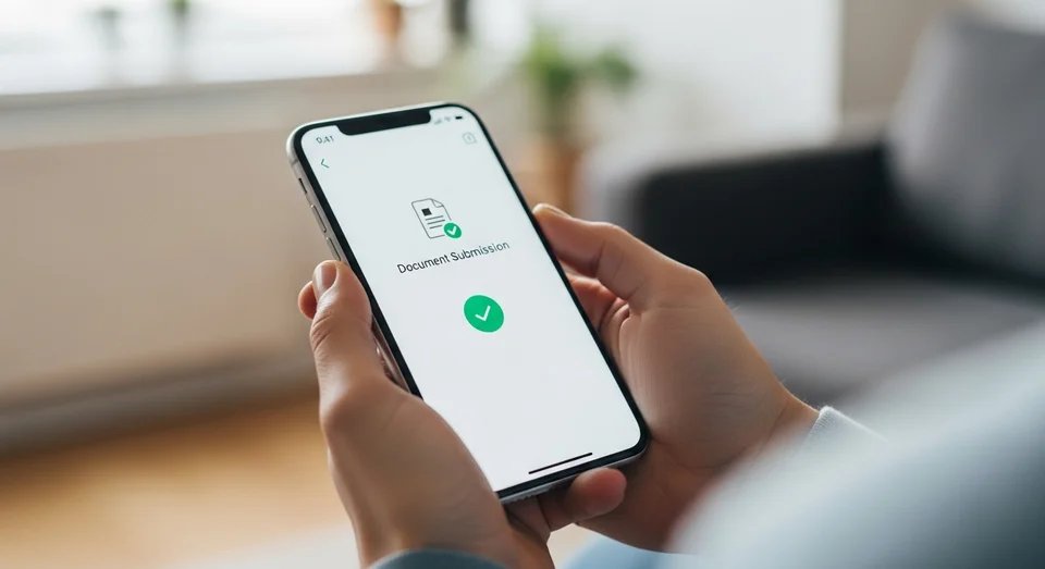 Mãos segurando celular com tela de confirmação de envio de documentos.