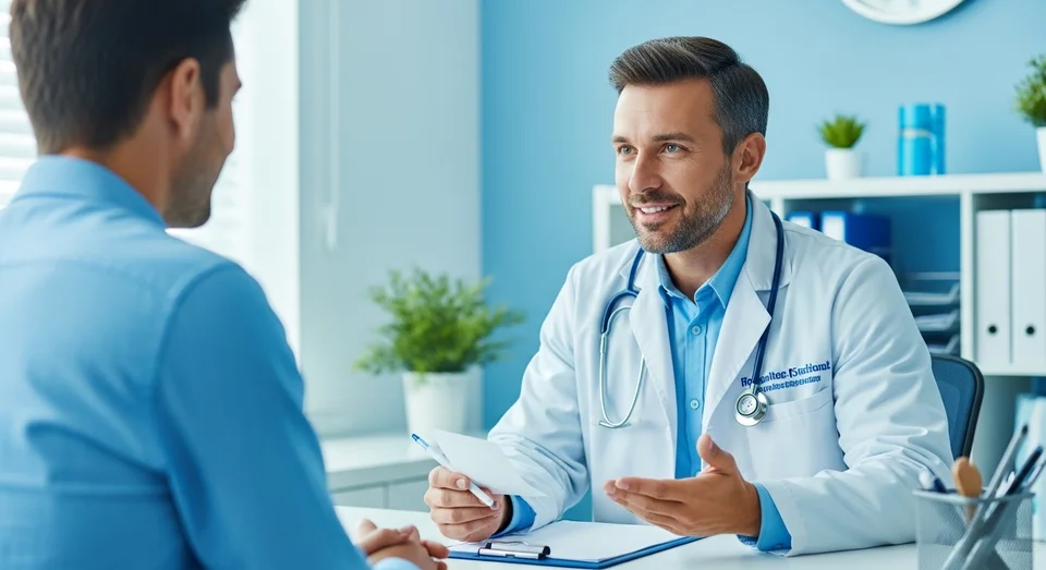 Médico sorridente gesticulando durante explicação em consulta presencial.