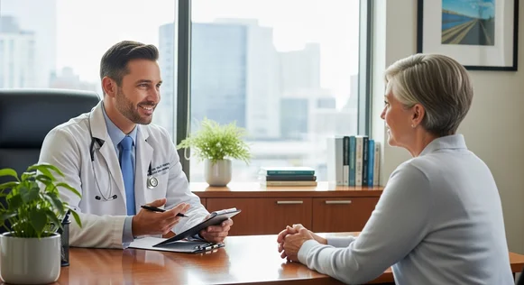 Médico sorridente com prancheta em consulta com paciente sênior.