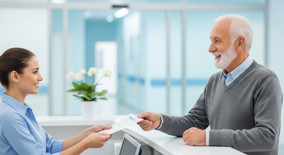 Homem idoso entrega documento na recepção de hospital.