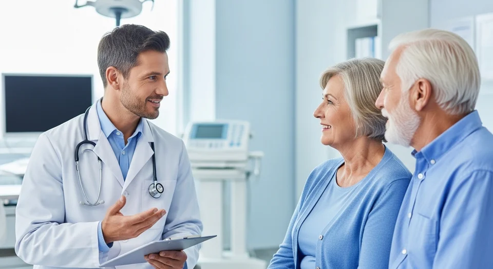 Médico de jaleco conversa com casal de idosos em clínica.