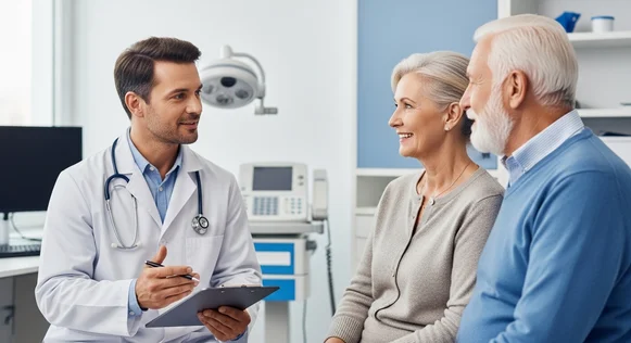 Médico conversa com casal sênior sorridente em sala de exames.