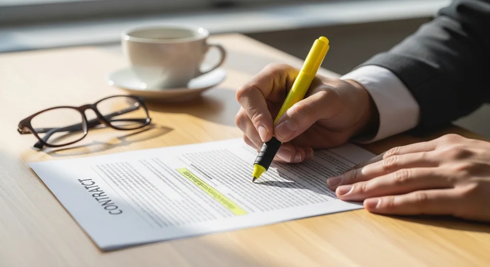 Pessoa usando marca-texto amarelo em contrato sobre a mesa.