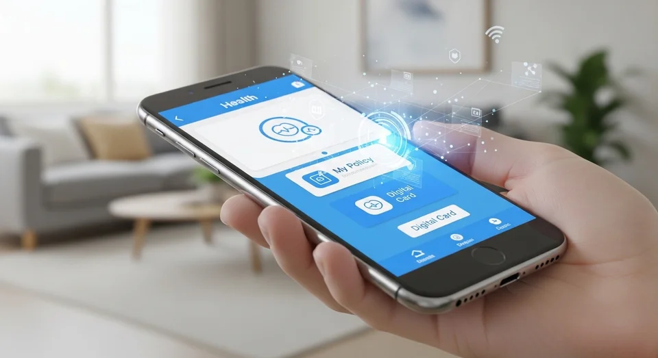 Mão segurando smartphone com app de saúde e ícones digitais.