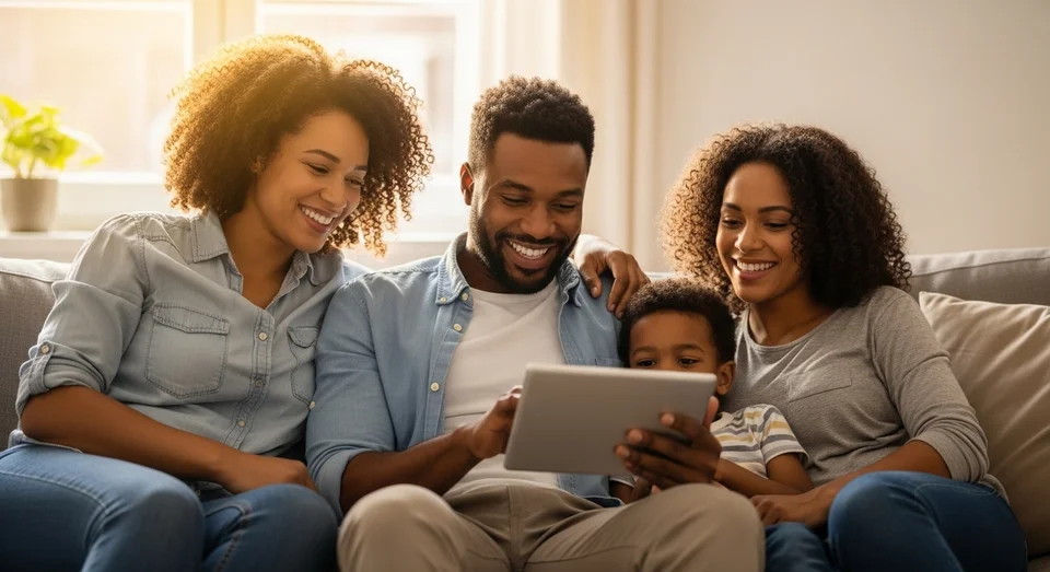 Família sorrindo reunida no sofá com tablet.