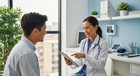 Médica sorridente mostra informações em tablet para paciente.