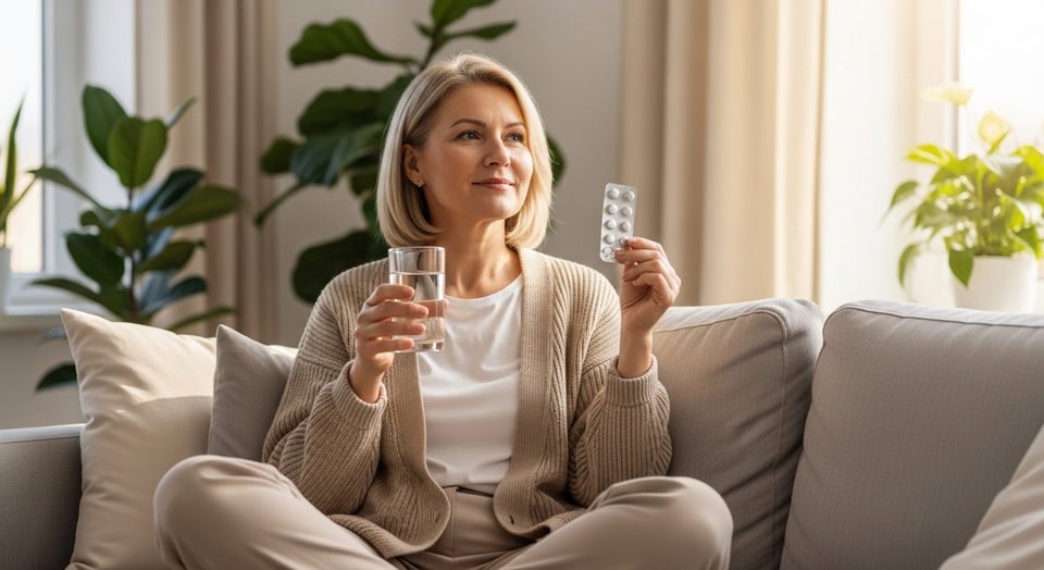Mulher sentada no sofá segura copo d'água e remédio.