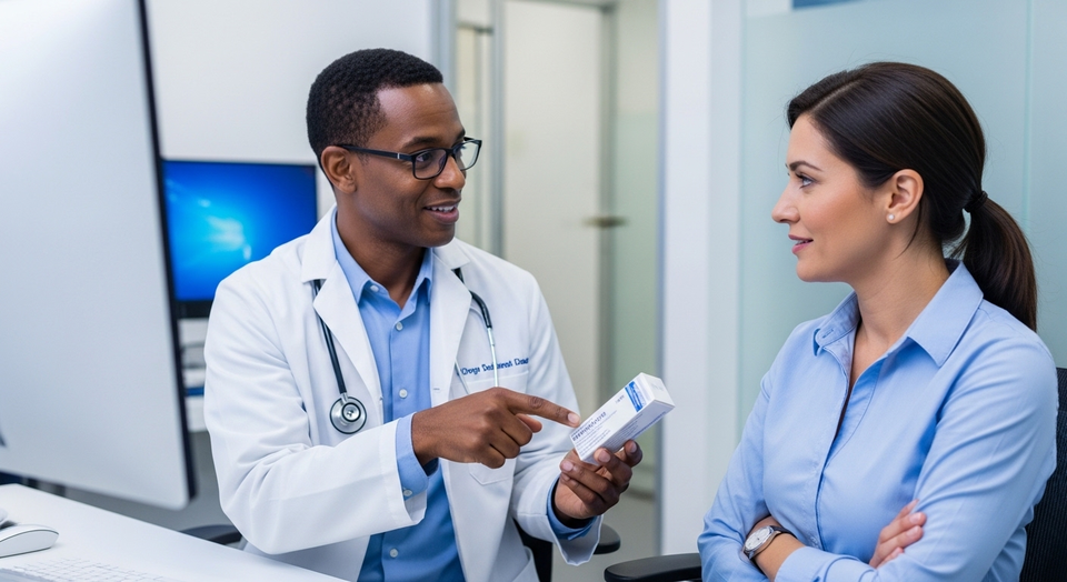 Médico explica medicação para paciente em consultório.