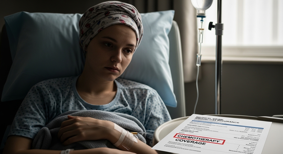 Mulher em tratamento com documento de cobertura médica.