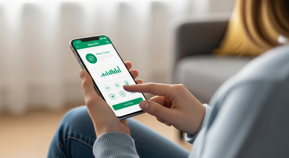 Mulher usa aplicativo de saúde com gráficos no smartphone.
