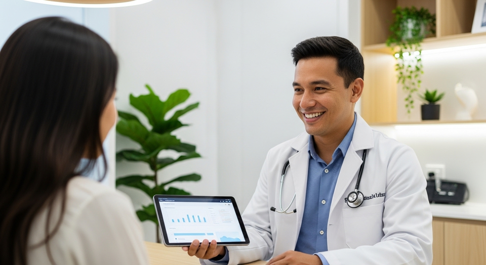 Médico sorridente mostra gráficos em tablet para paciente.