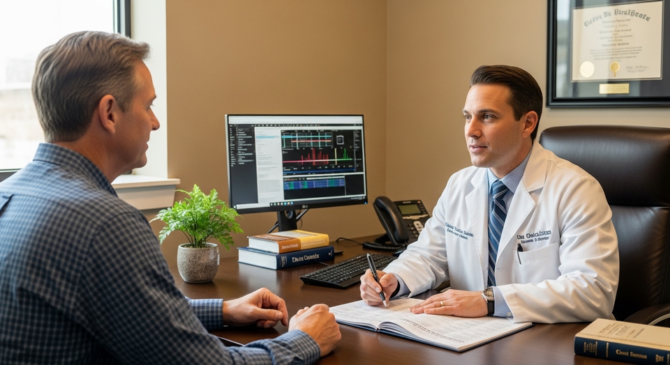 Médico em consulta com paciente analisando dados no PC.