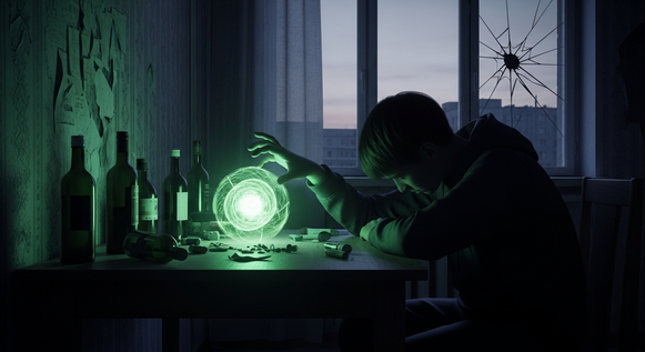 Jovem em quarto escuro recebe luz de esfera mágica.