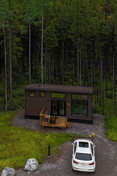 drone photo of a skybox cabin in kananaskis