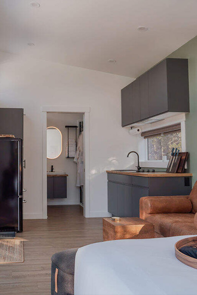 kitchen inside of a skybox cabin
