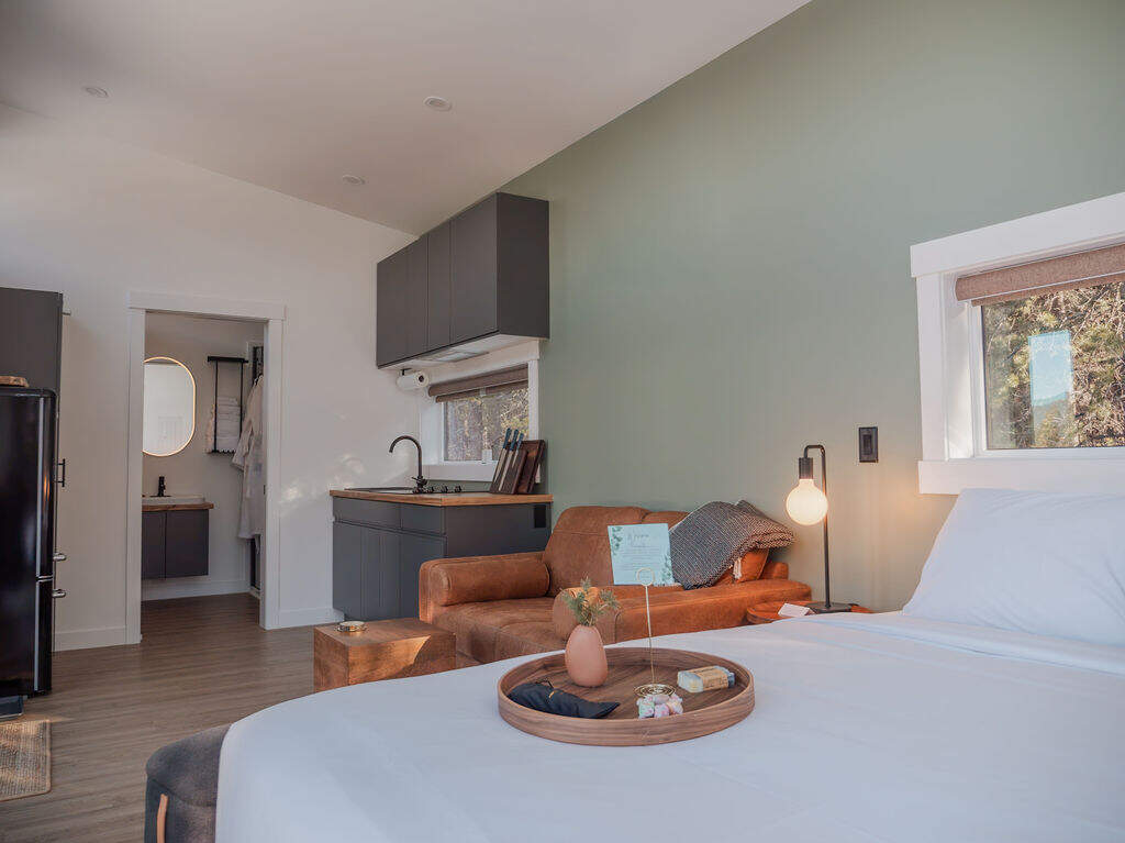 Skybox interior with bed and fridge