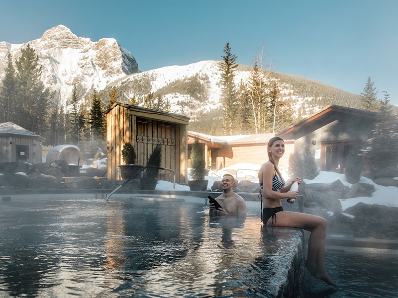 Couple relaxing at the Nordic Spa in Kananaskis