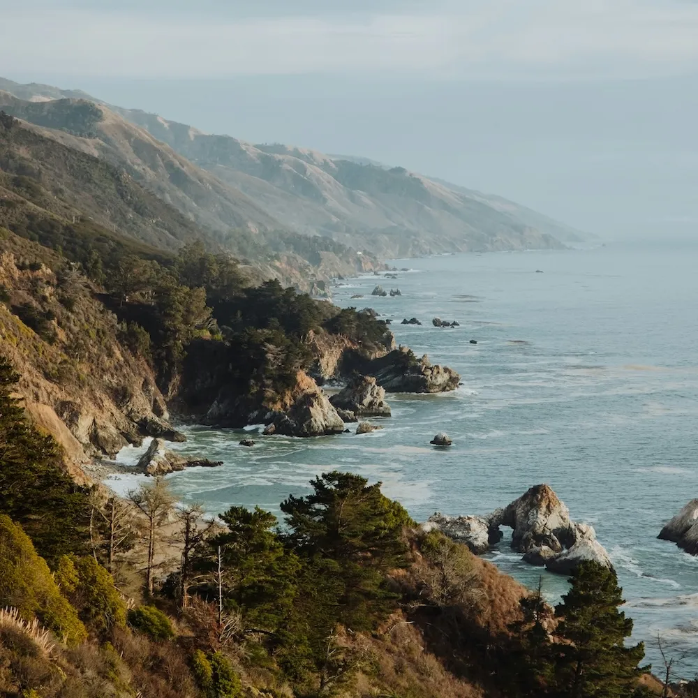 Rocky coastline with dense forested cliffs and waves crashing against rocks under a cloudy sky.