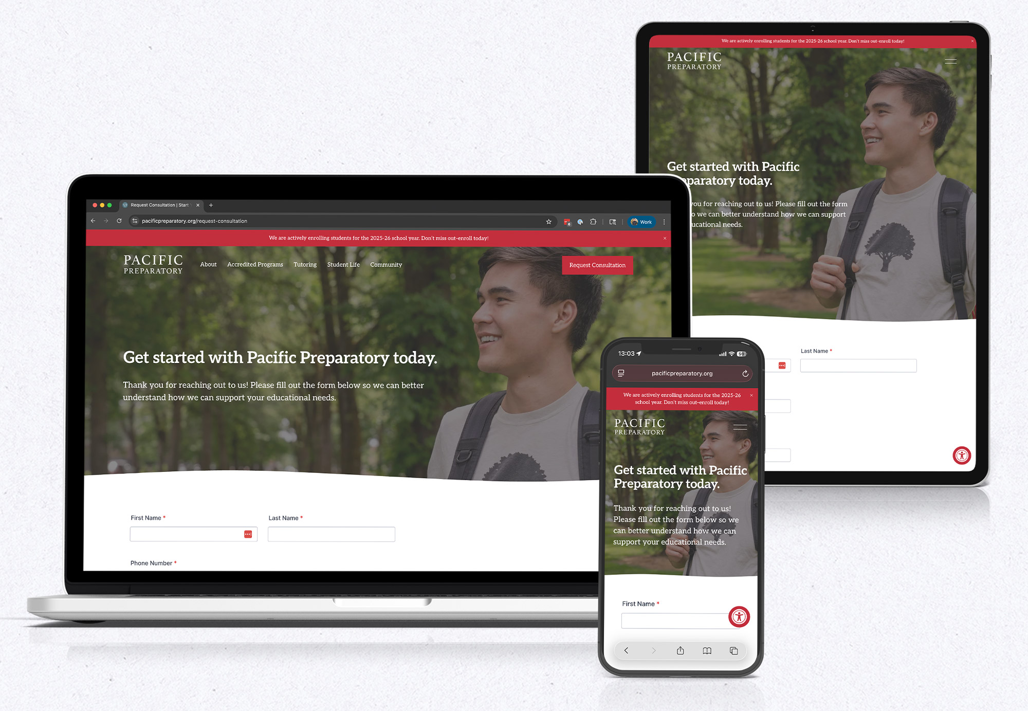 Pacific Preparatory School website displayed responsively across desktop, tablet, and mobile devices