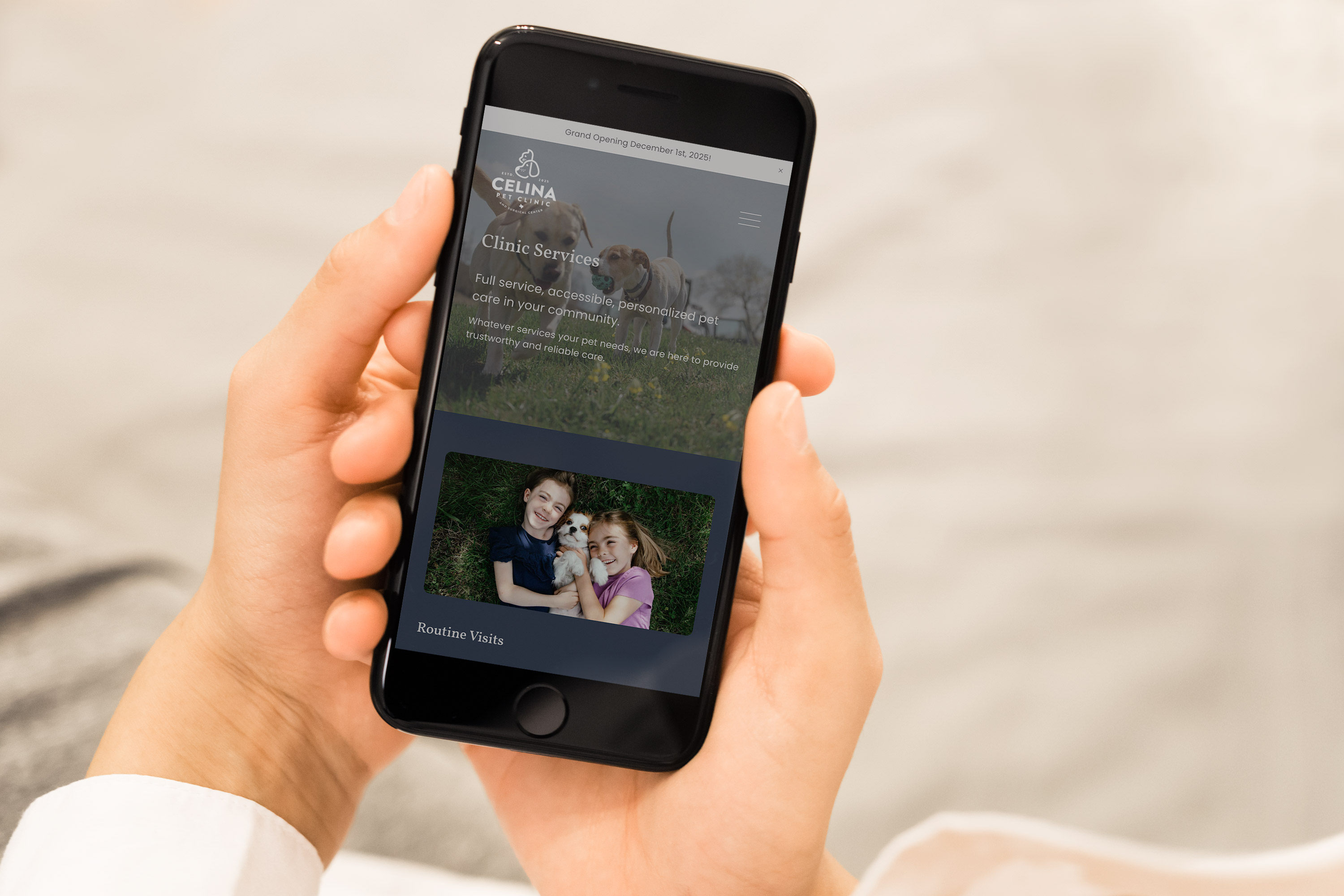 Hand holding smartphone displaying Celina mobile website