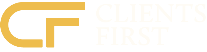 Logo with stylized letters 'CF' followed by the text 'CLIENTS FIRST'.