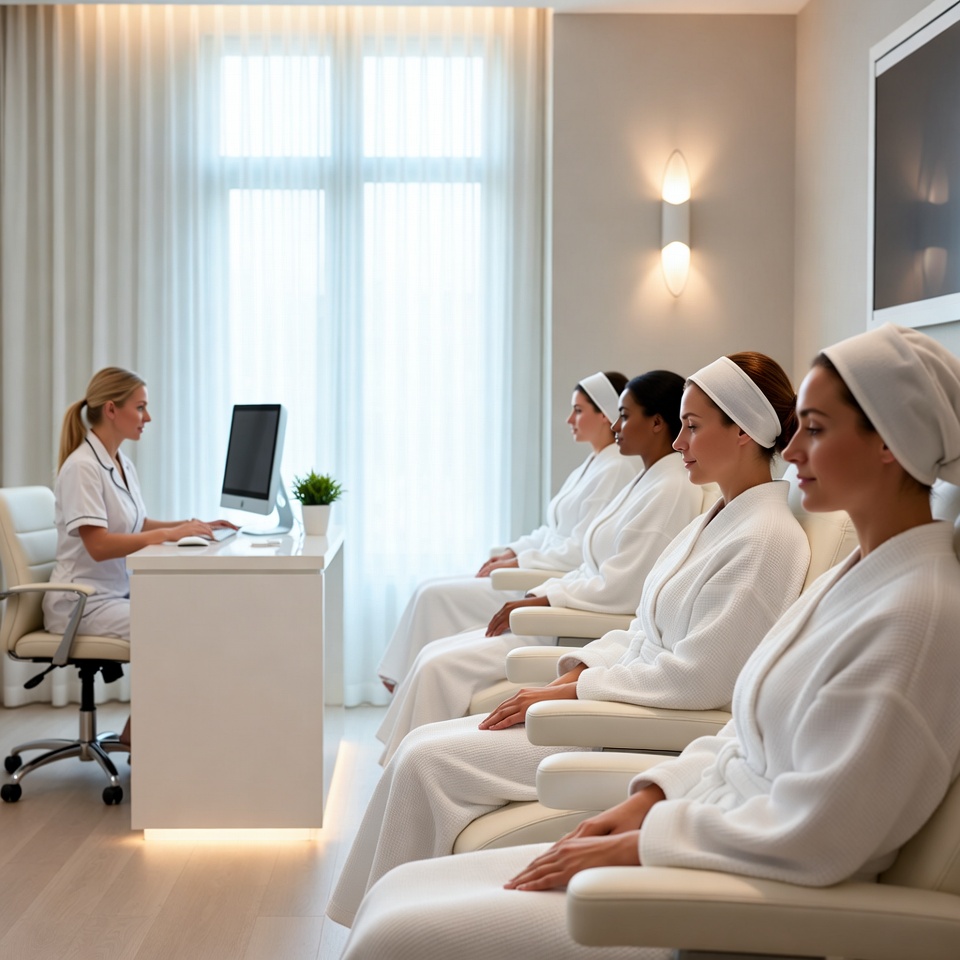 Four women in white bathrobes and headbands sitting in a row in a spa waiting area, facing a receptionist at a desk with a computer.