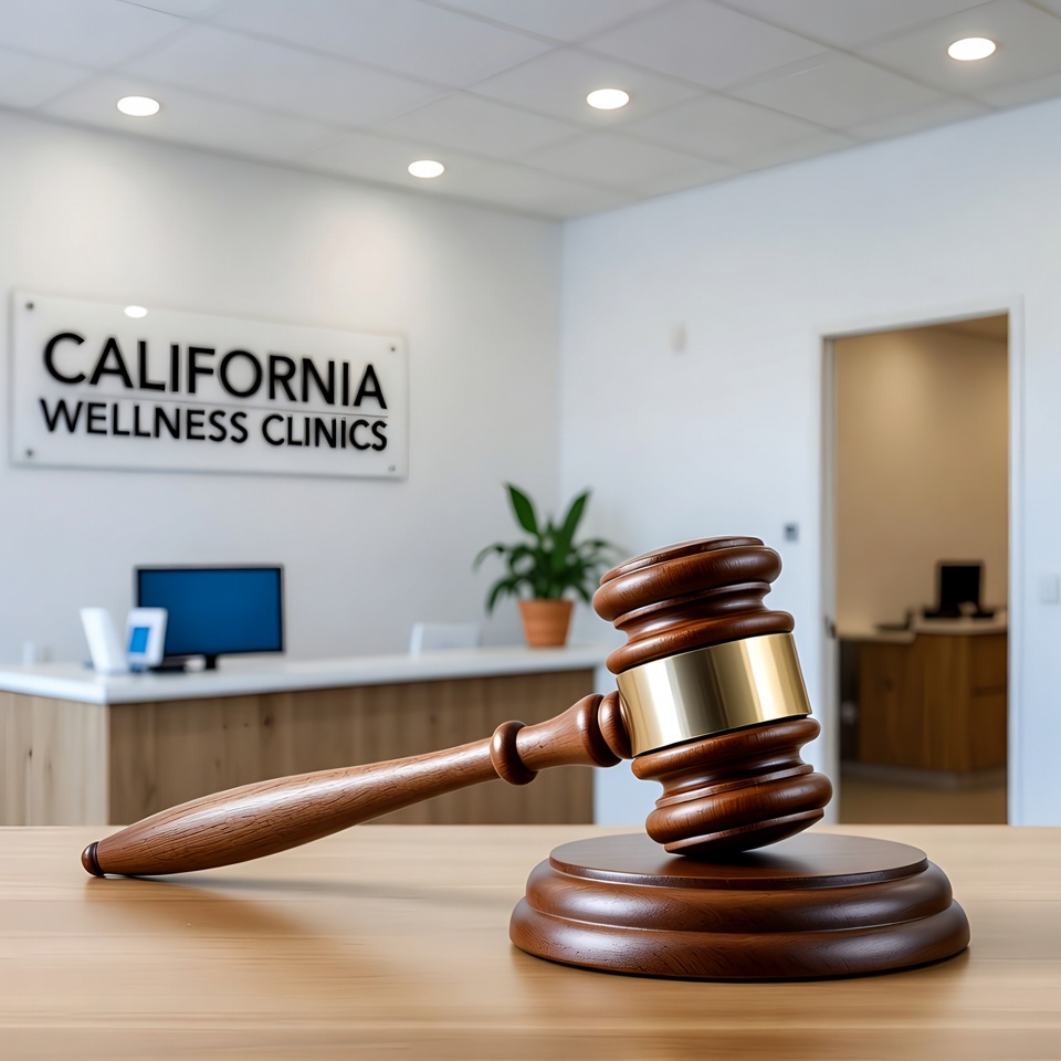 Wooden judge gavel resting on a wooden desk with California Wellness Clinics sign and reception area in the background.