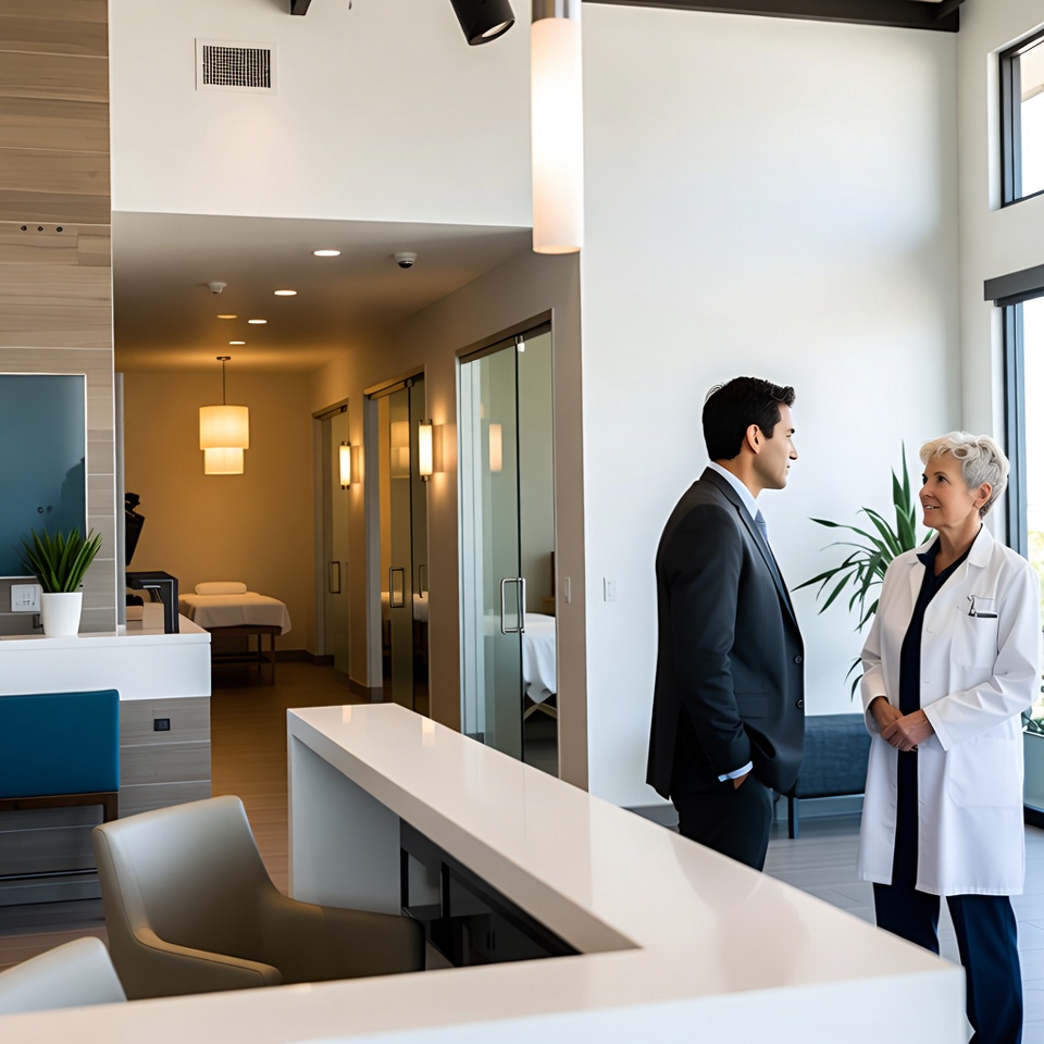 A male professional in a suit talking with a female doctor wearing a white coat in a modern medical office reception area.