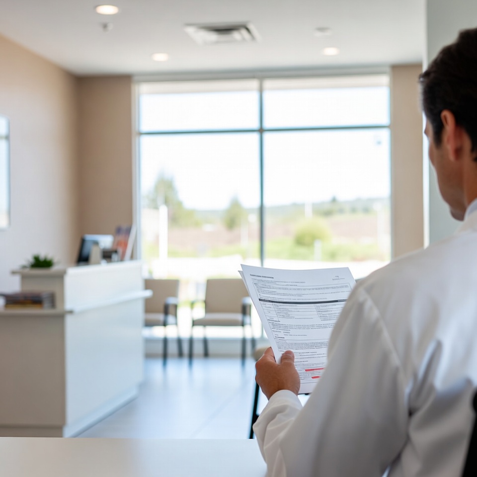 Man in white shirt sitting in a bright waiting room holding and reading a document with blurred chairs and large window in the background.