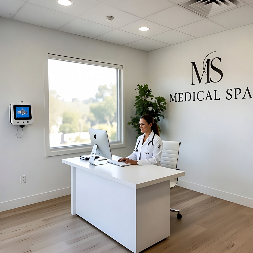 Female doctor in a white coat sitting at a white desk with a computer in a bright medical spa office.