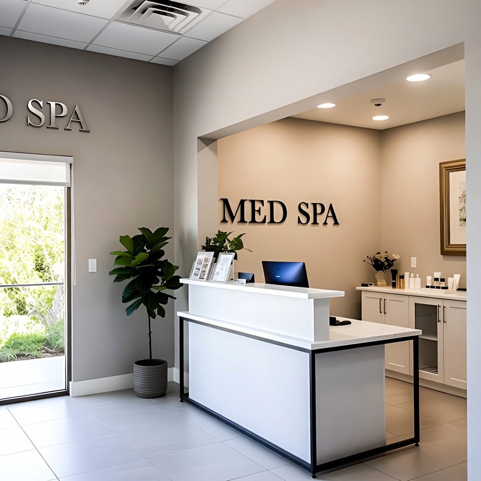 Reception desk in a clean, modern med spa with potted plant, computer, and skincare products on white shelves.
