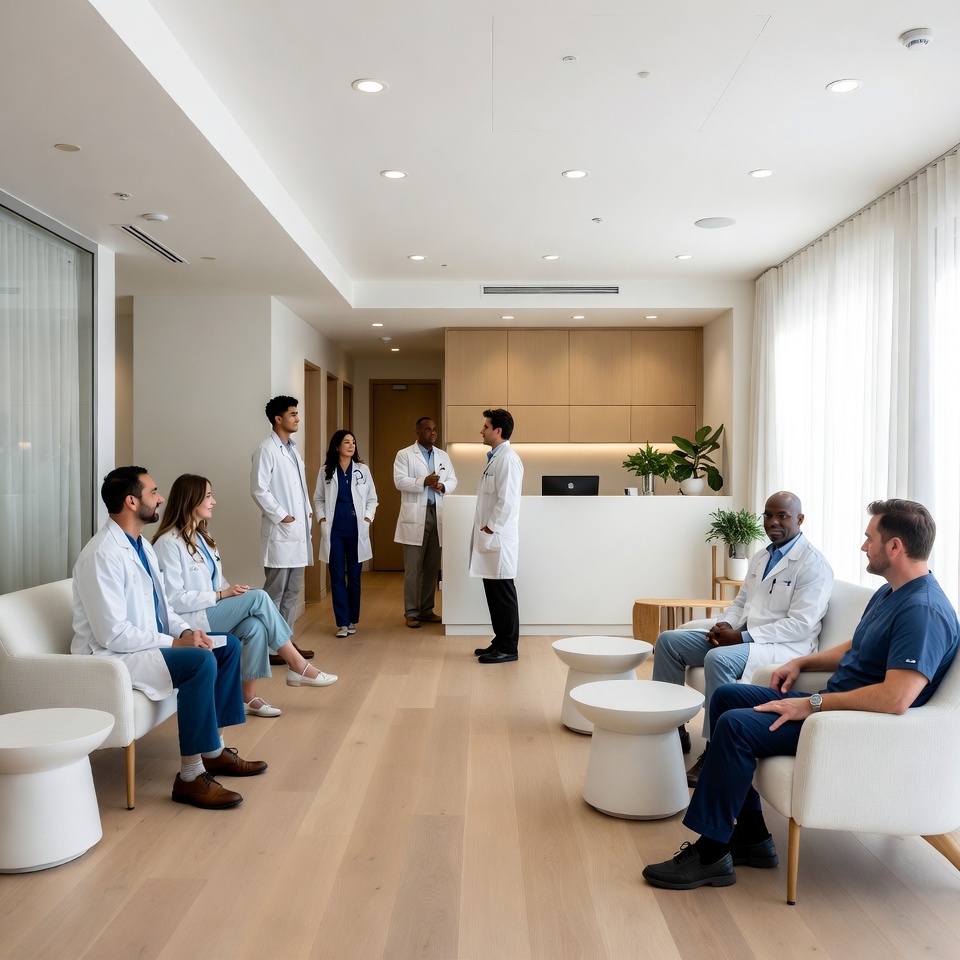 Doctors and medical staff in white coats and scrubs conversing and seated in a bright, modern clinic waiting area with wooden floors and large windows.