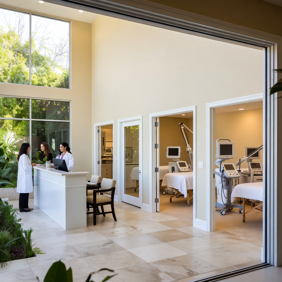 Bright medical clinic reception with two staff in white coats talking to a visitor near a white desk, and treatment rooms with medical equipment visible.