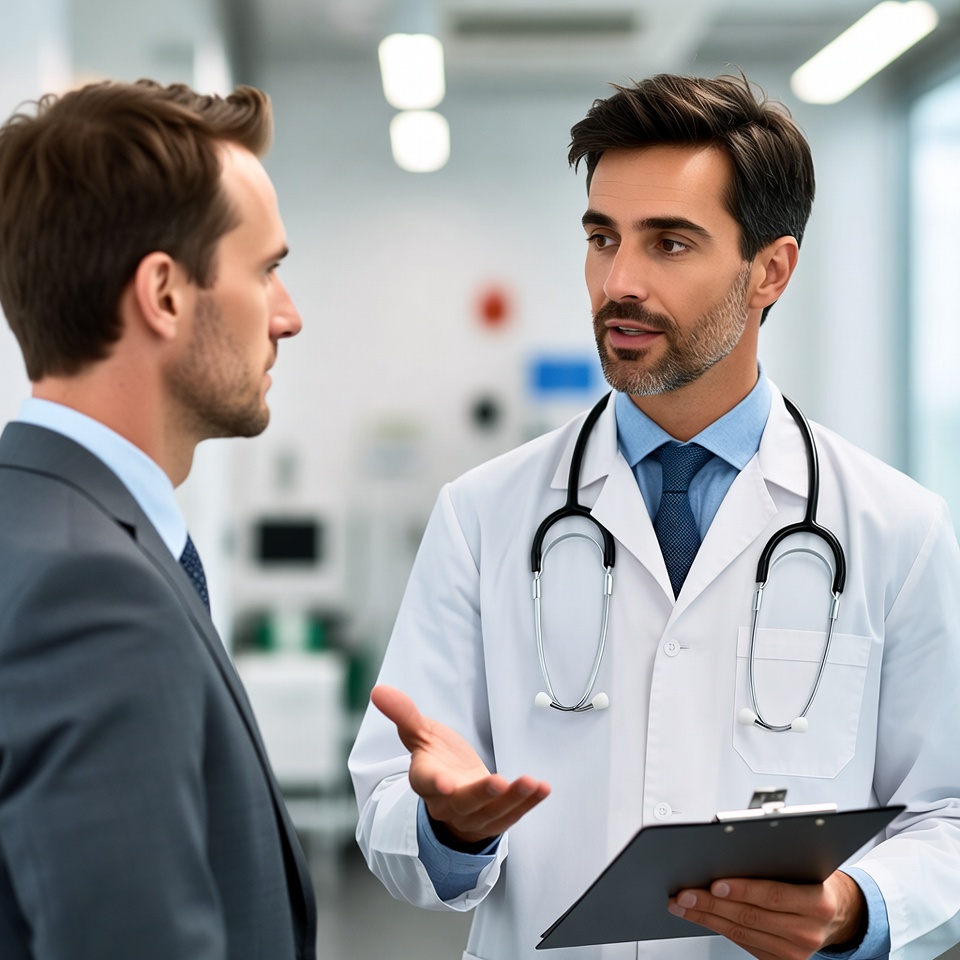 Male doctor wearing a white coat and stethoscope talking to a man in a suit, holding a clipboard in a clinical setting.