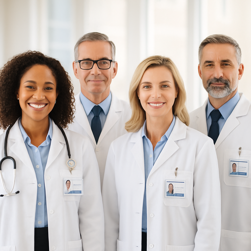 Group of four diverse medical professionals in white coats smiling in a bright clinic hallway.
