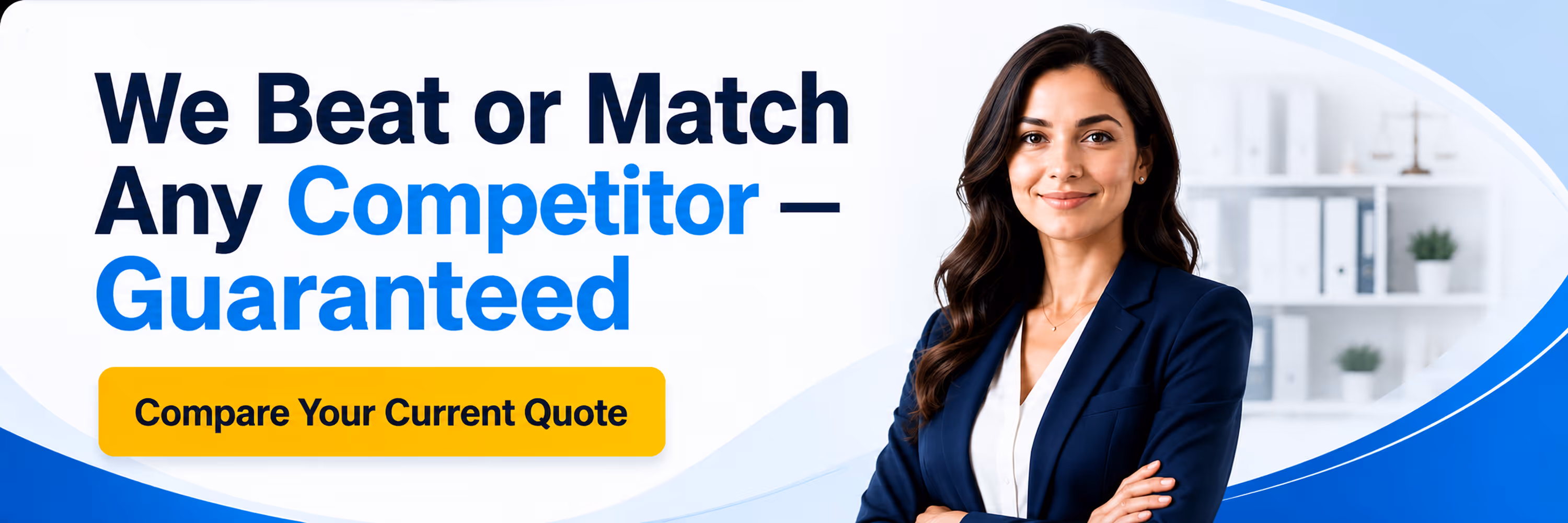 Smiling businesswoman in navy suit with arms crossed next to text about beating or matching competitors.
