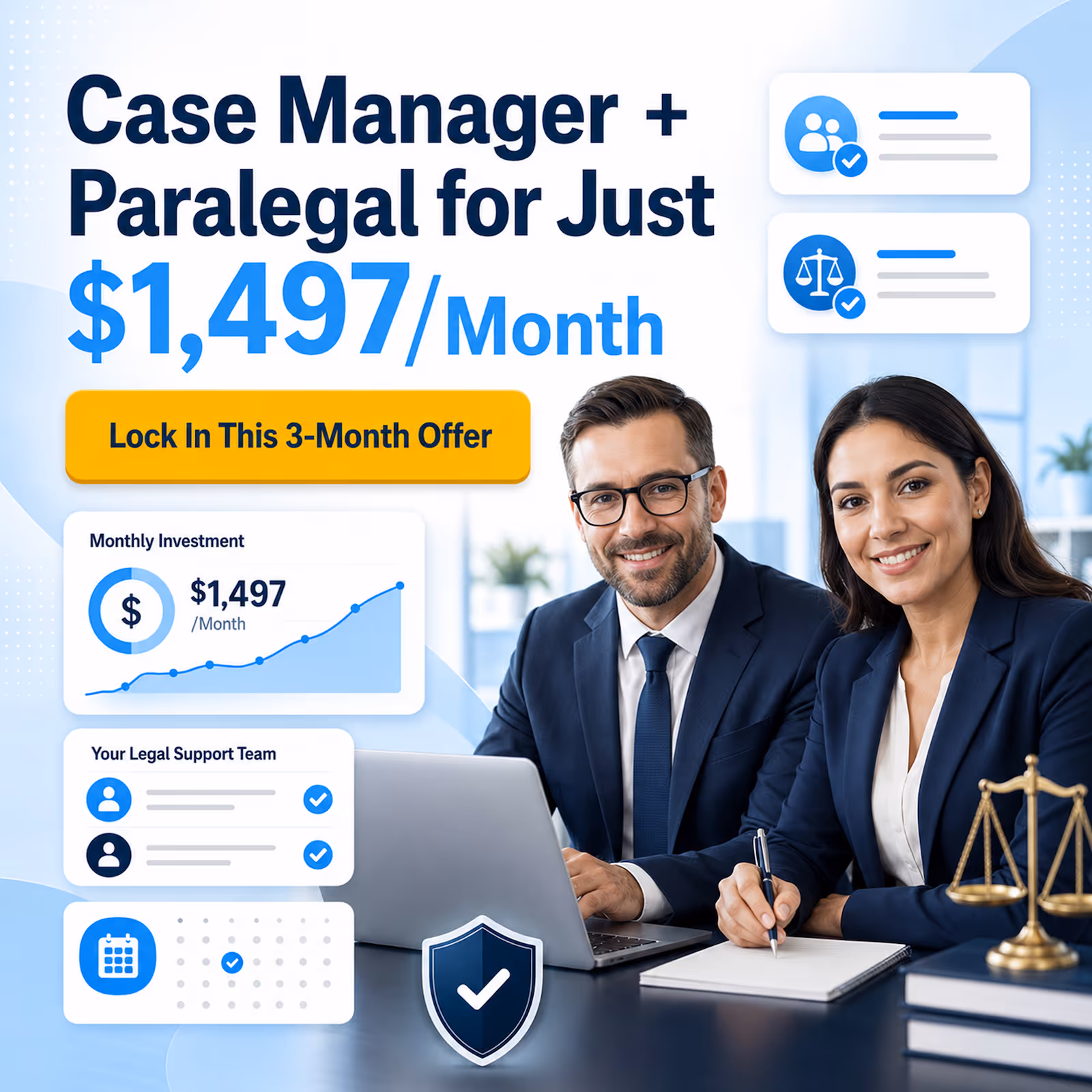 Three professional women in black suits, law firm tasks, calendar, and legal workflow icons around them.