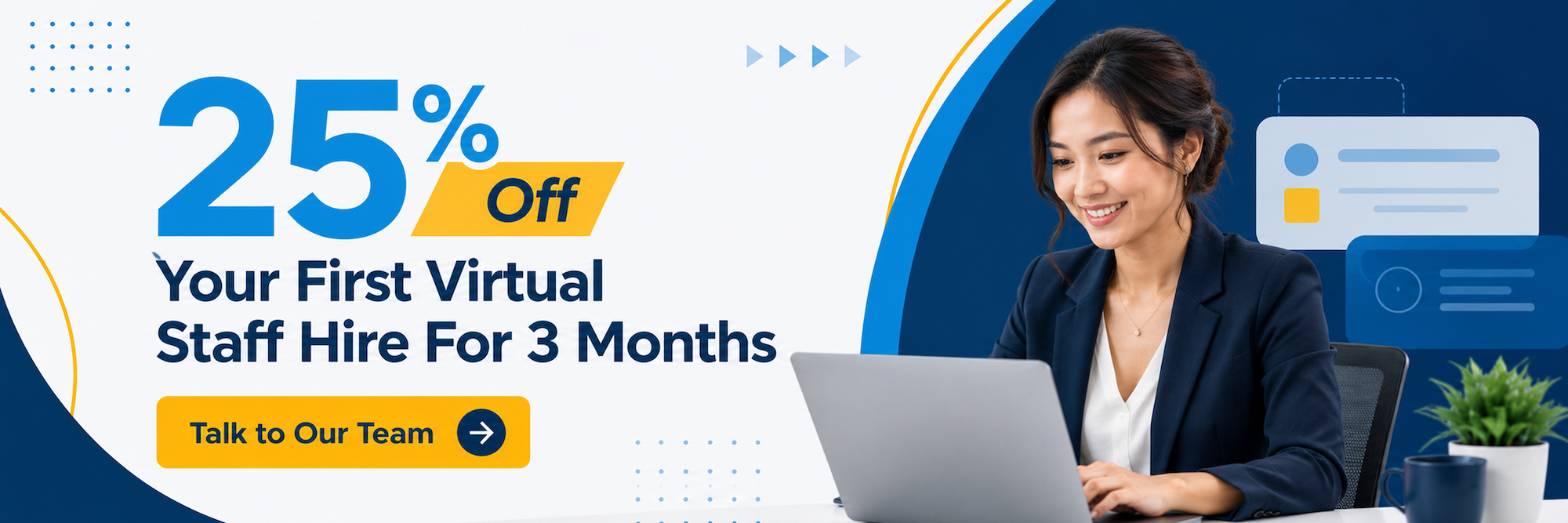 Smiling woman working on a laptop with text offering 25% off first virtual staff hire for 3 months.