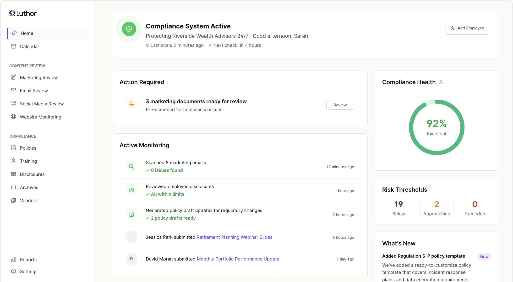 Luthor compliance dashboard showing active system status, action required for 3 marketing documents, active monitoring updates, 92% compliance health, risk thresholds, and recent policy updates.