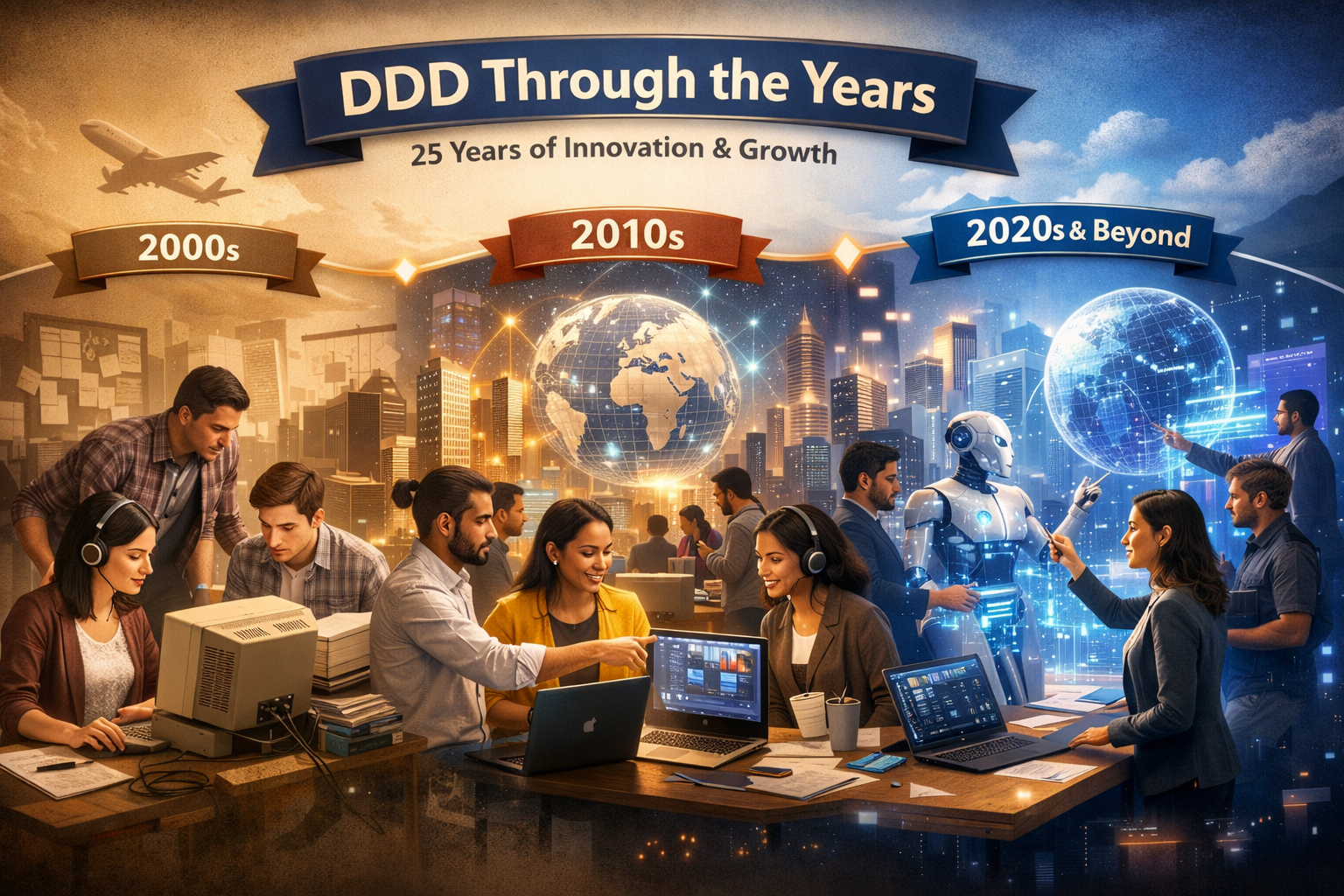 Illustration of a timeline showing DDD's 25 years of innovation from 2000s with people using early computers, 2010s with collaborative laptops, to 2020s and beyond featuring AI and futuristic technology.