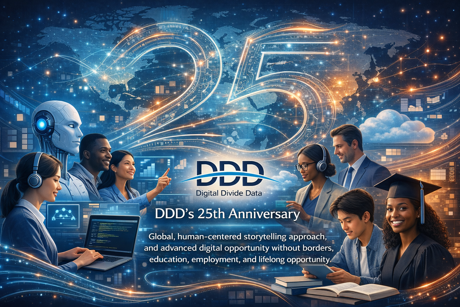 Digital Divide Data's 25th anniversary illustration featuring diverse people, including a robot, working with technology and education symbols against a world map backdrop.