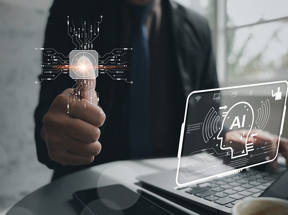 Person in business attire using fingerprint biometric authentication with digital AI interface overlay above a laptop keyboard.