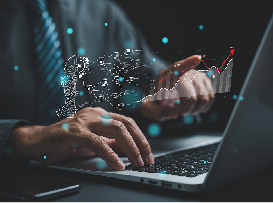 Man in business attire working on a laptop with digital AI network and data graphs overlay.