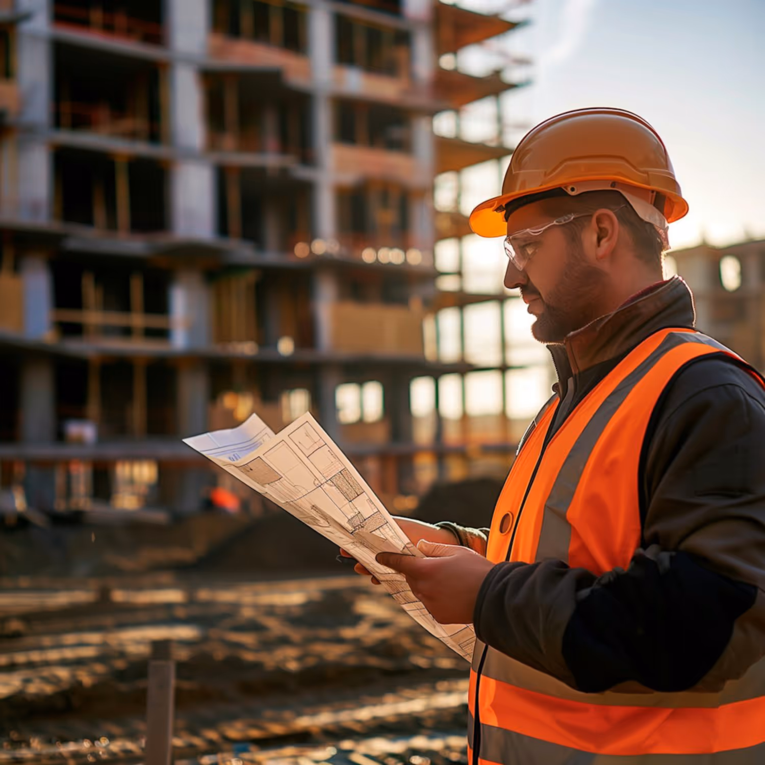 Trabalhador de uma empresa de construção, no local de construção, a olhar para a planta do projeto.
