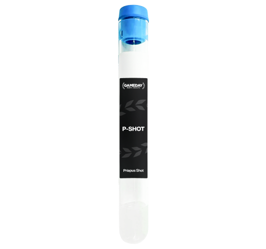 Close-up of a labeled test tube for the P-Shot procedure at Gameday Men’s Health, used in platelet-rich plasma therapy to support men’s sexual health.