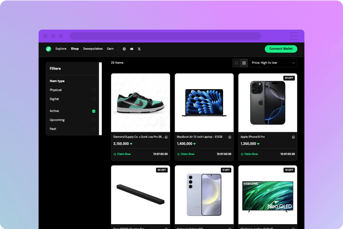 A sleek look at the Flow Rewards Store where users can redeem their earned points for a variety of products, from tech gadgets to lifestyle essentials, all in one place.
