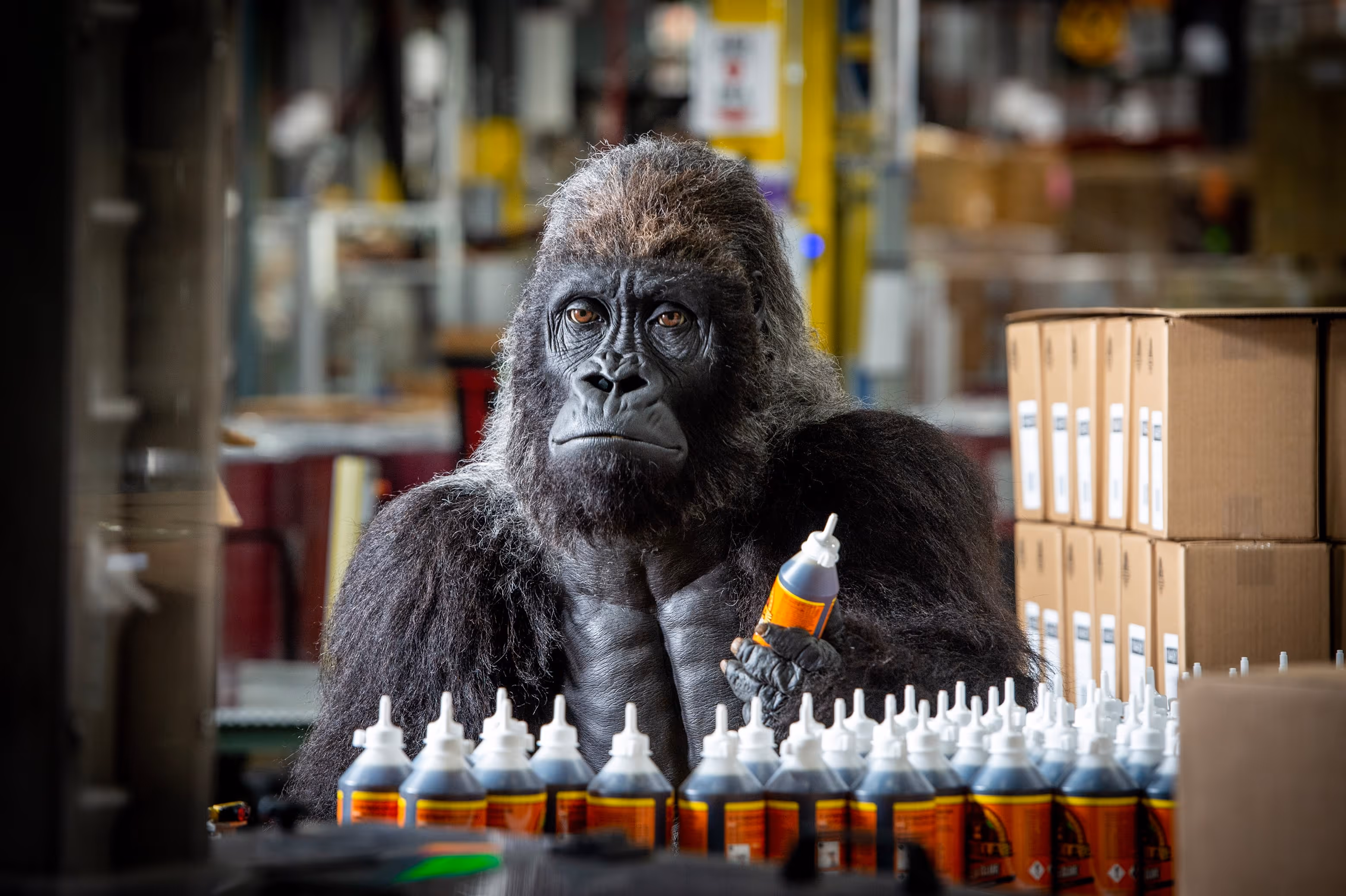 Gorilla sitting at a table holding a bottle, surrounded by many similar bottles and stacked cardboard boxes in a warehouse setting.