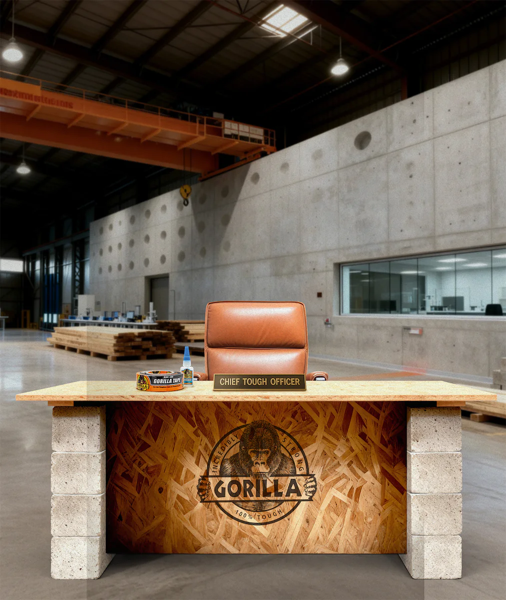 Office desk with a brown leather chair, a plaque reading 'CHIEF TOUGH OFFICER,' Gorilla tape, and glue in a large industrial warehouse.