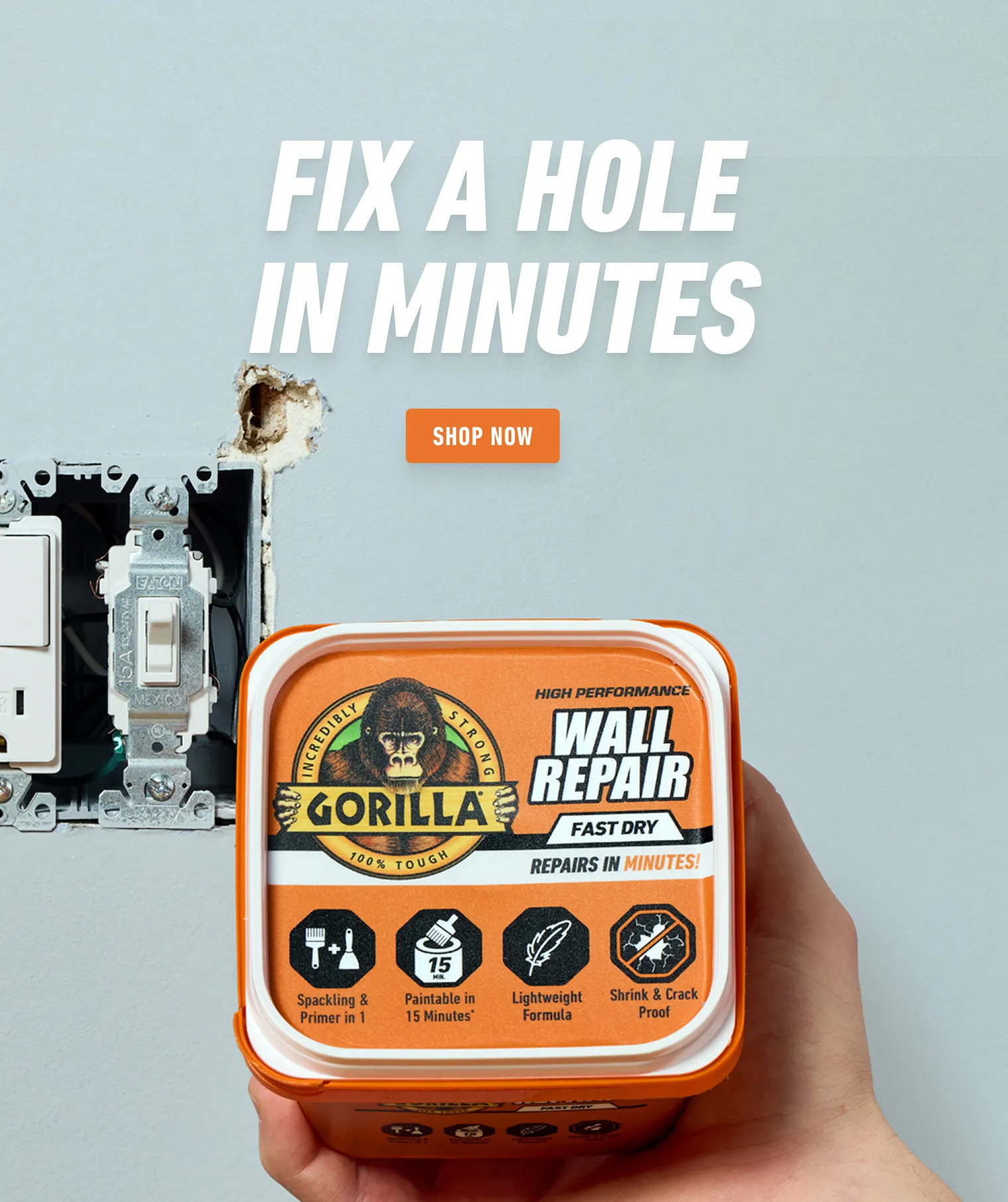 Tablet display of hero banner showcasing wall repair with Gorilla products