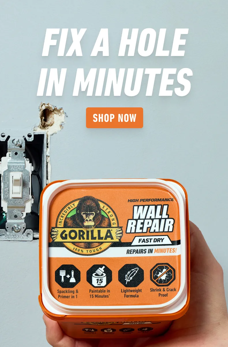 Mobile hero image showing wall repair with Gorilla Glue products in use